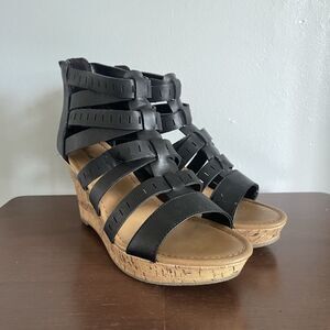 American Eagle Women's Black Open-Toe Gladiator Wedge Cork Heel Shoes Size 10
